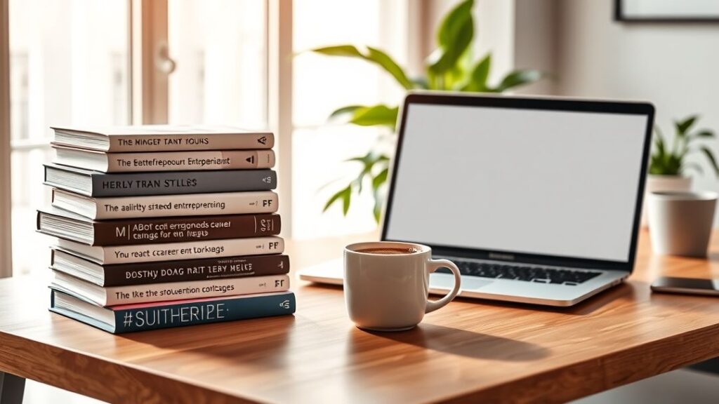 bureau avec livres utiles et inspirants entrepreneur