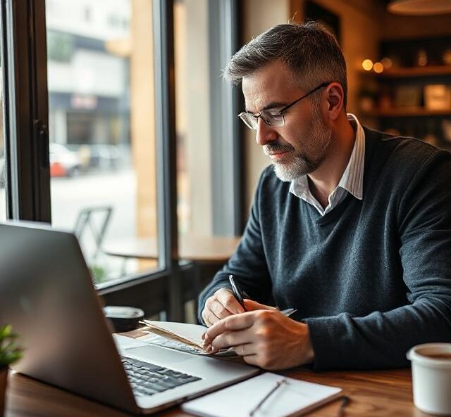 un homme de 40 ans en train de travailler sur un ordinateur dans un café