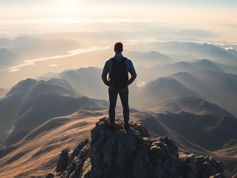 Une personne sur un sommet de montagne regardant l’horizon symbolisant la vision et la liberté.