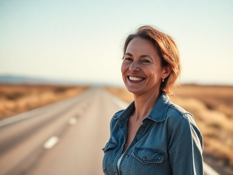 Une photo d’une personne de 40 ans souriante, debout face à un horizon ou à une route ouverte, symbolisant le choix et la liberté.